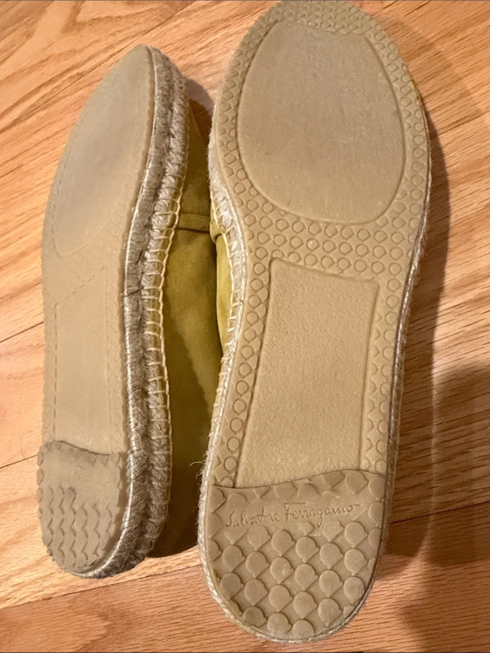 Salvatore Ferragamo Elodie Moutarde Suede Espadrille Loafers with Ribbon Trim